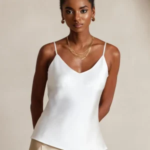 Top De Camisola Con Cuello En V Y Tirantes Finos De 100% Seda De Mora