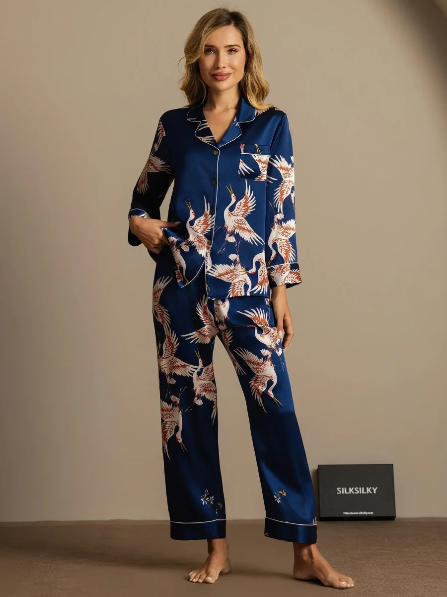 Pijama De Mujer De Seda Pura 19Momme Con Estampado De Grulla Y Manga Larga - Imagen 8