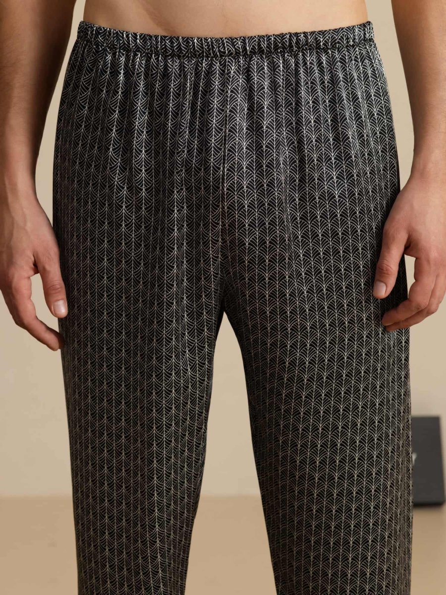 Pantalones De Dormir De Seda Pura Ginkgo Azul Marino Para Hombre Con Cintura Elástica - Imagen 9