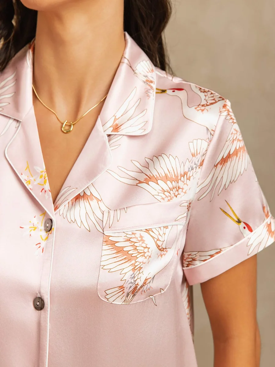 19Momme Conjunto De Pijama Para Mujer En Seda Pura Manga Corta Cuello Notch Estampado De Grulla - Imagen 5