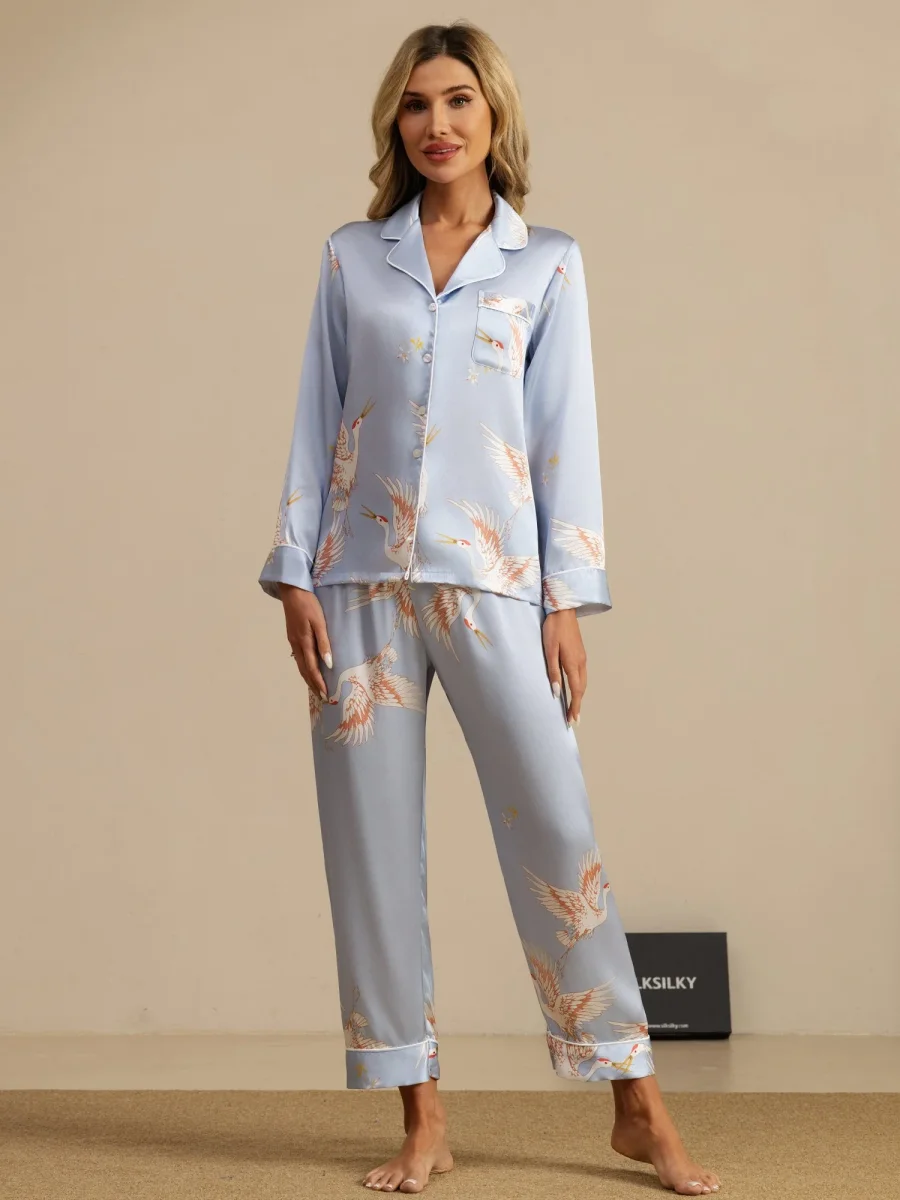 Pijama De Mujer De Seda Pura 19Momme Con Estampado De Grulla Y Manga Larga - Imagen 9