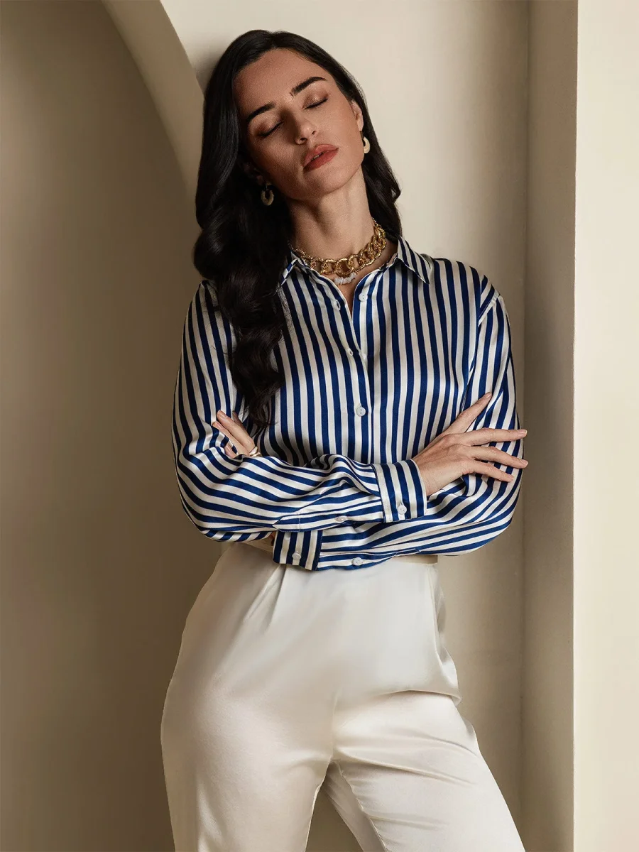 Camisa De Mujer De Seda 19 Momme Con Estampado De Rayas Y Cuello De Solapa - Imagen 9
