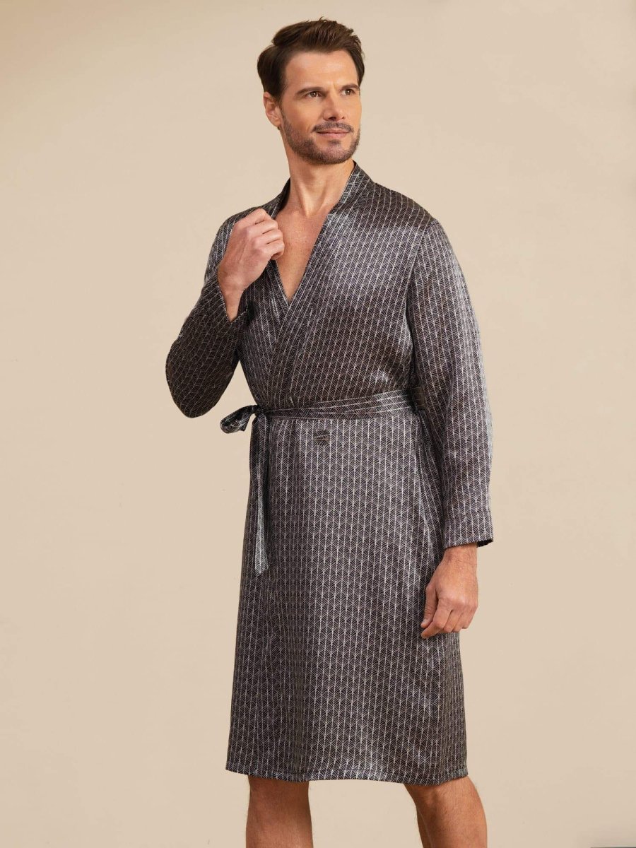 Bata De Hombre De Seda Pura Hasta La Rodilla Con Estampado De Ginkgo Y Cinturón Diseño - Imagen 5