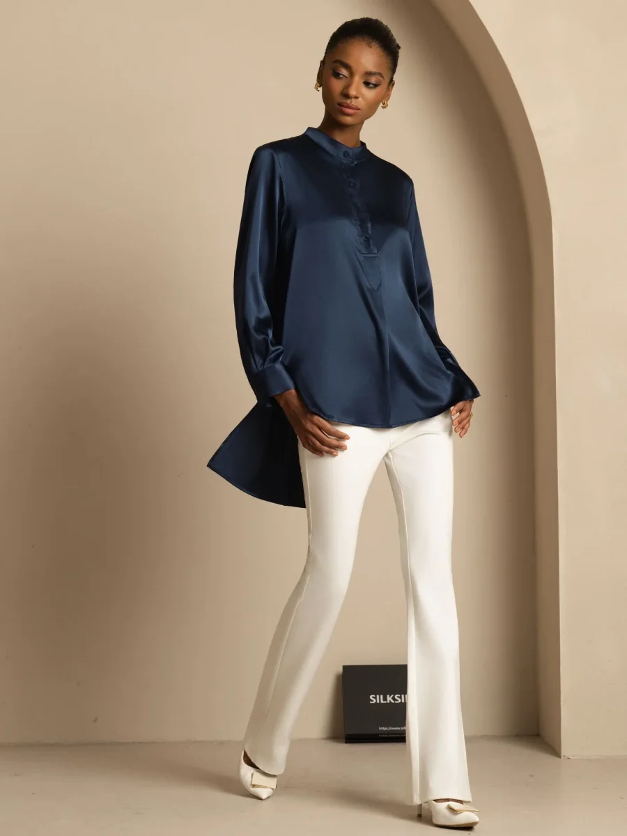 Blusa de mujer de seda 19Momme con Stand Collar High-Low y detalles de botones