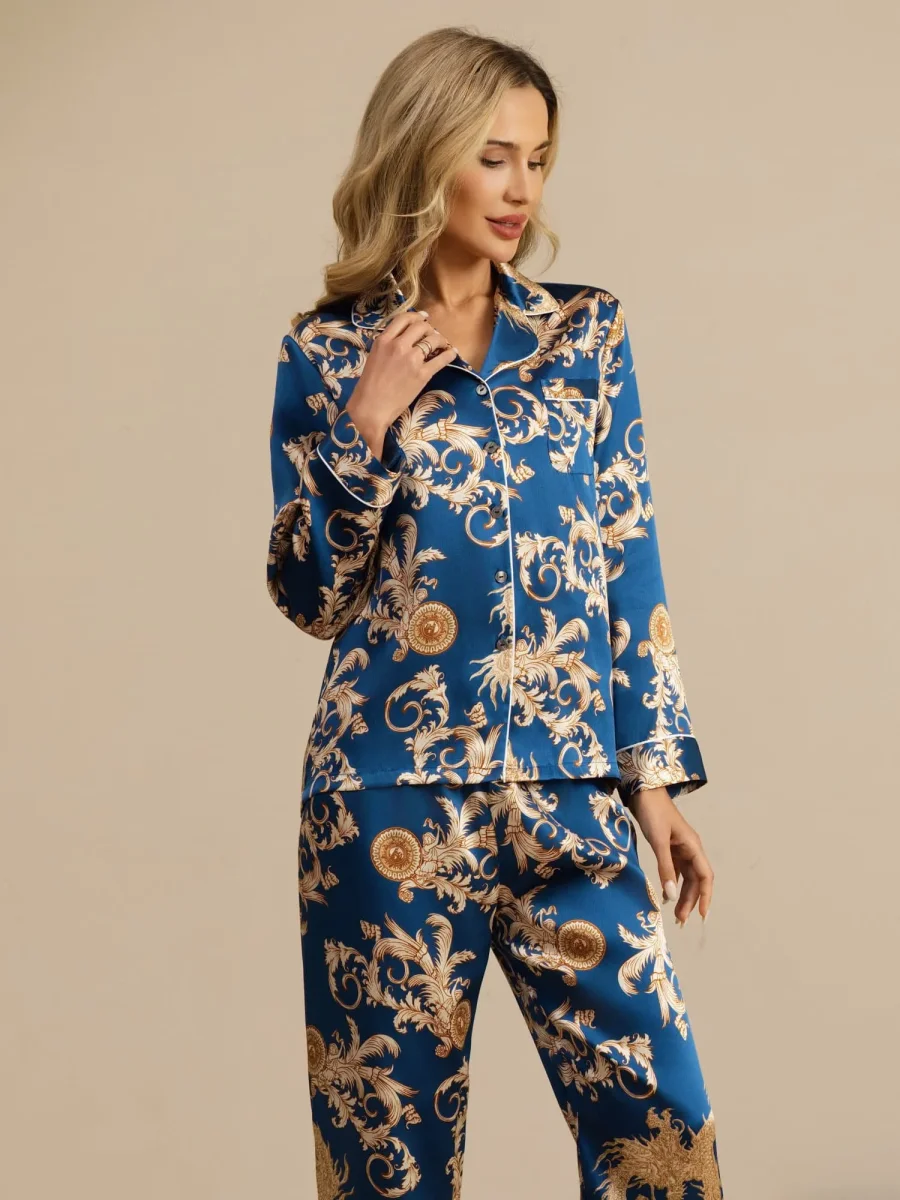 Pijama Mujer Seda Pura Manga Larga Cuello Notch Con Pantalón Estampado Dragón - Imagen 6