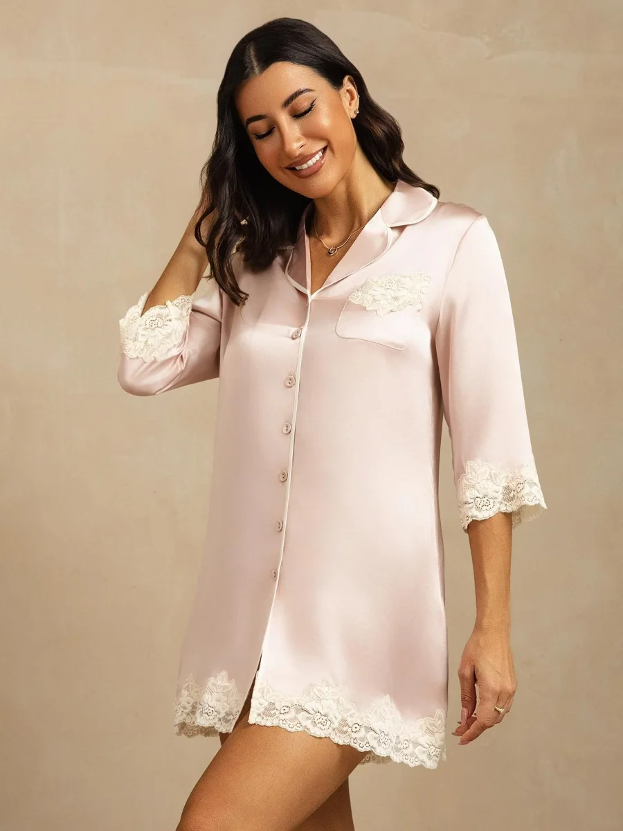 Camisón de Pura Seda con Botones y Diseño de Encaje - Imagen 9