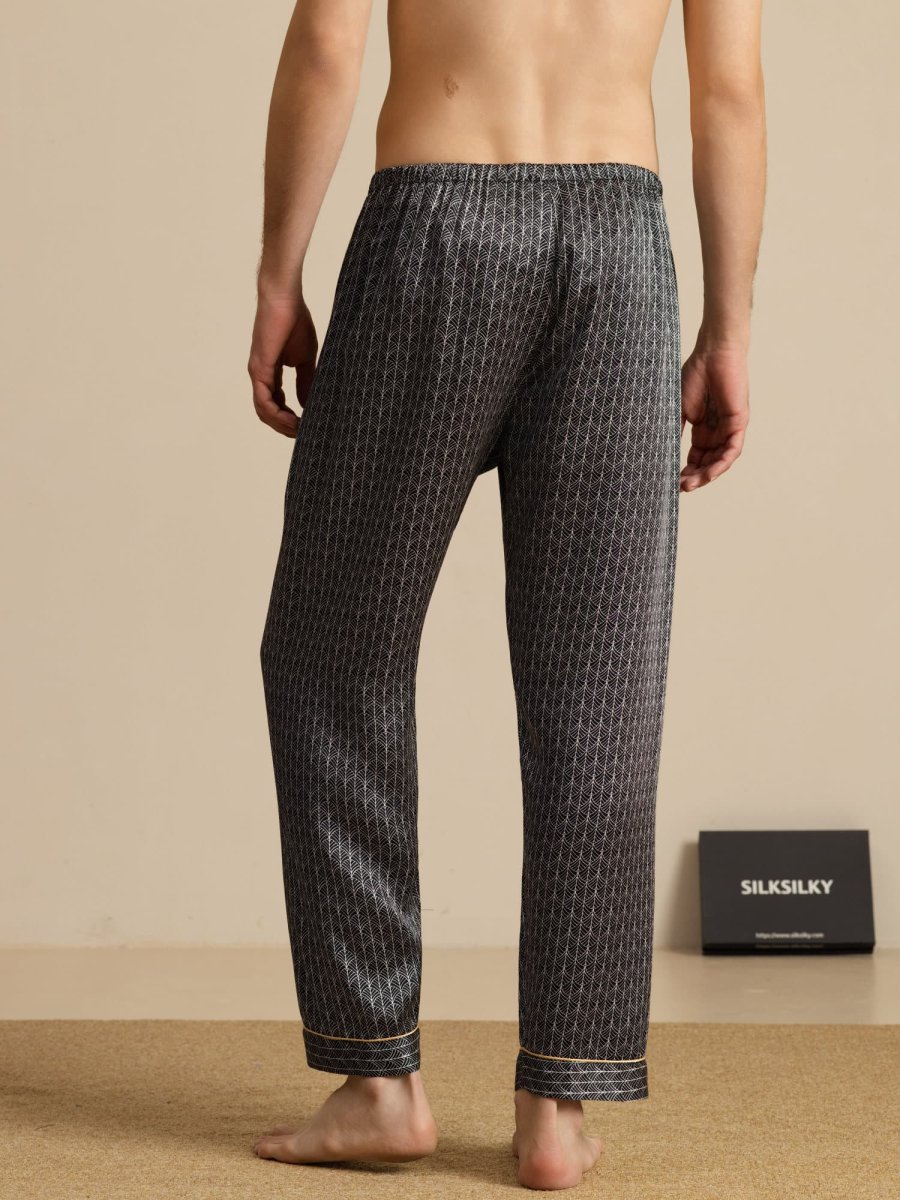 Pantalones De Dormir De Seda Pura Ginkgo Azul Marino Para Hombre Con Cintura Elástica - Imagen 8