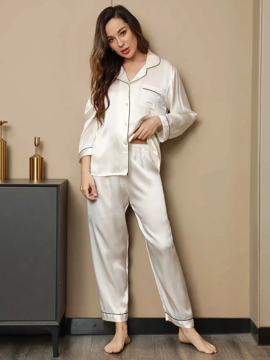 Pijama de Mujer de Seda Pura con Manga Larga y Cuello de Solapas - Imagen 5