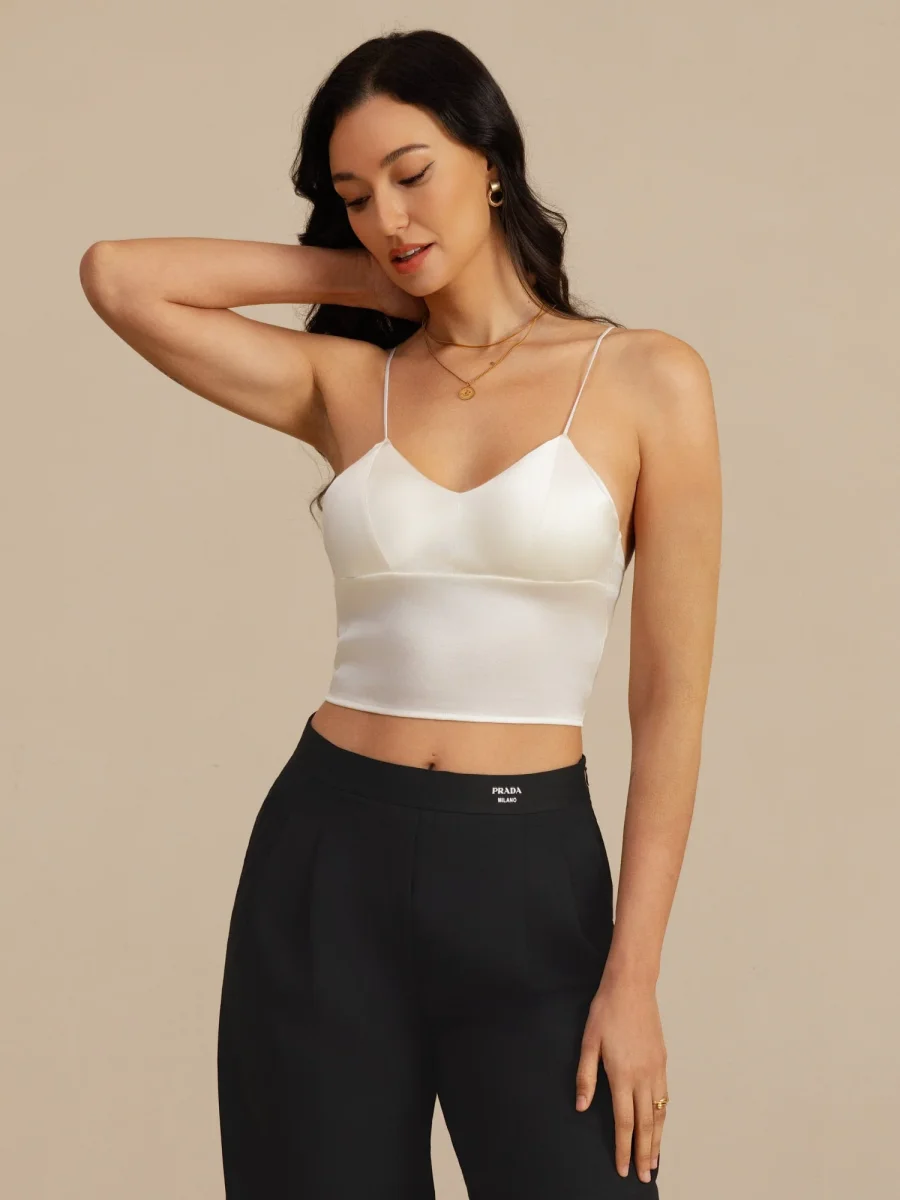 19Momme Top Corto De Seda Tirantes Finos Escote En V Camiseta Con Sujetador Incorporado - Imagen 7