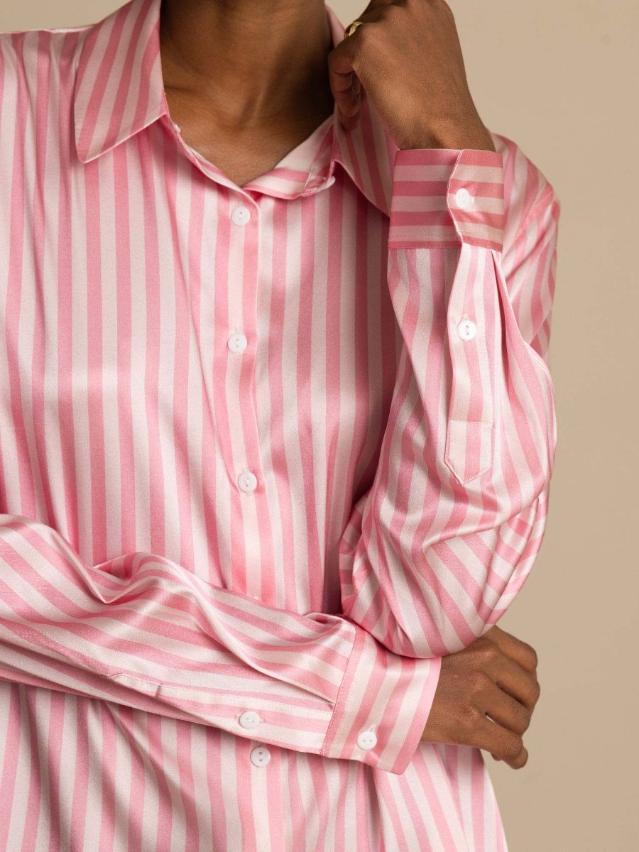 Camisa De Mujer De Seda 19 Momme Con Estampado De Rayas Y Cuello De Solapa - Imagen 5