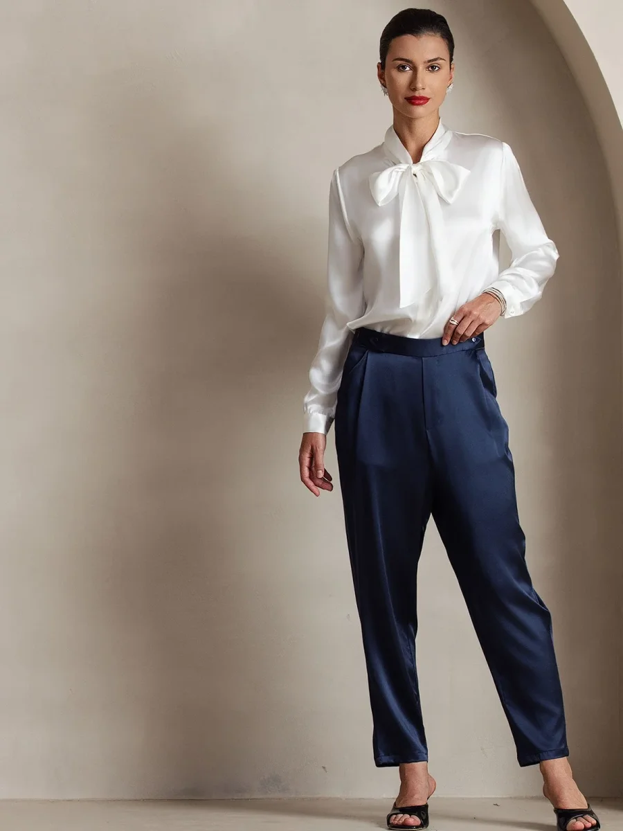 19 Momme Camisa Elegante de Seda con Cuello Lazo y Manga Larga - Imagen 4