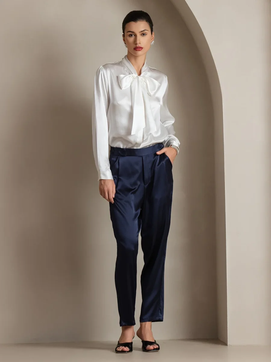 19 Momme Camisa Elegante de Seda con Cuello Lazo y Manga Larga - Imagen 5