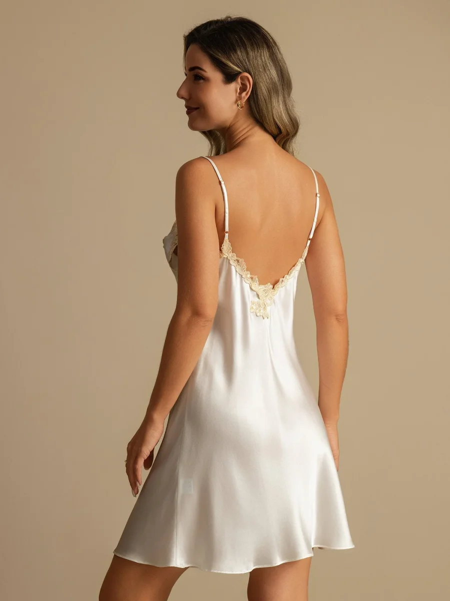 Camisón Corto De Seda De Morera 100% Con Tirantes Finos Y Espalda En V De Encaje - Imagen 9