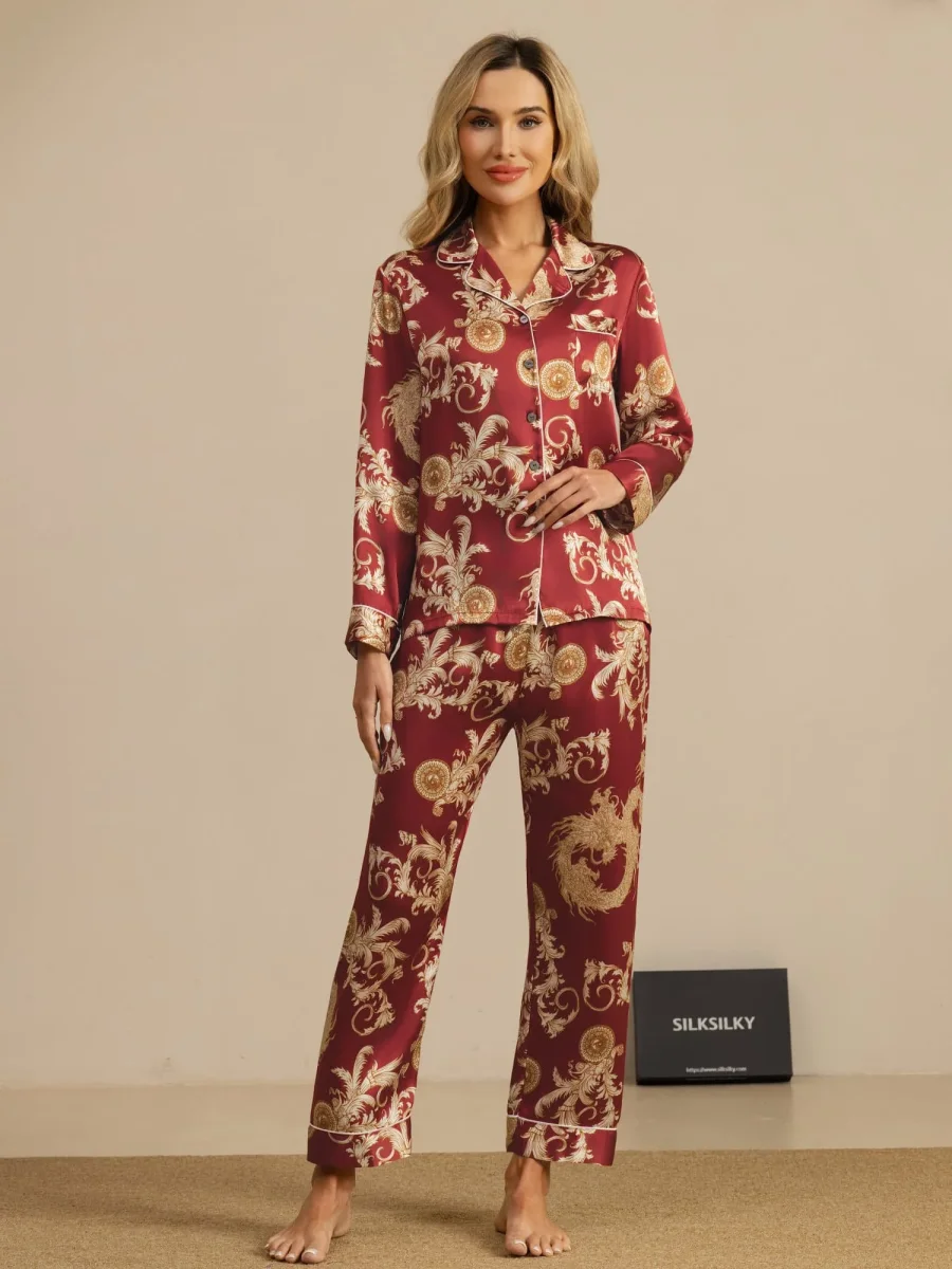 Pijama Mujer Seda Pura Manga Larga Cuello Notch Con Pantalón Estampado Dragón - Imagen 9