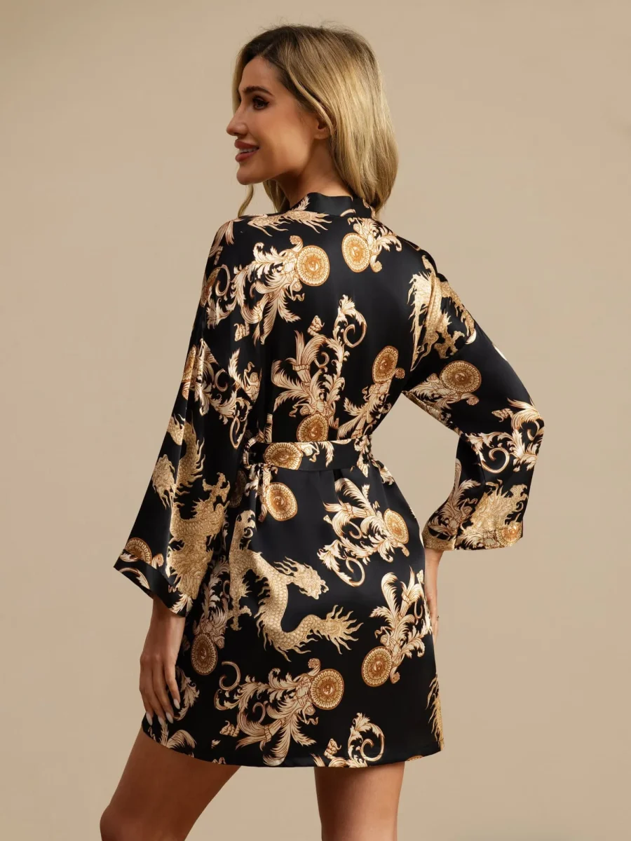 Bata Kimono Mujer Manga 3/4 Seda Pura Estampado Dragón Con Cinturón - Imagen 3