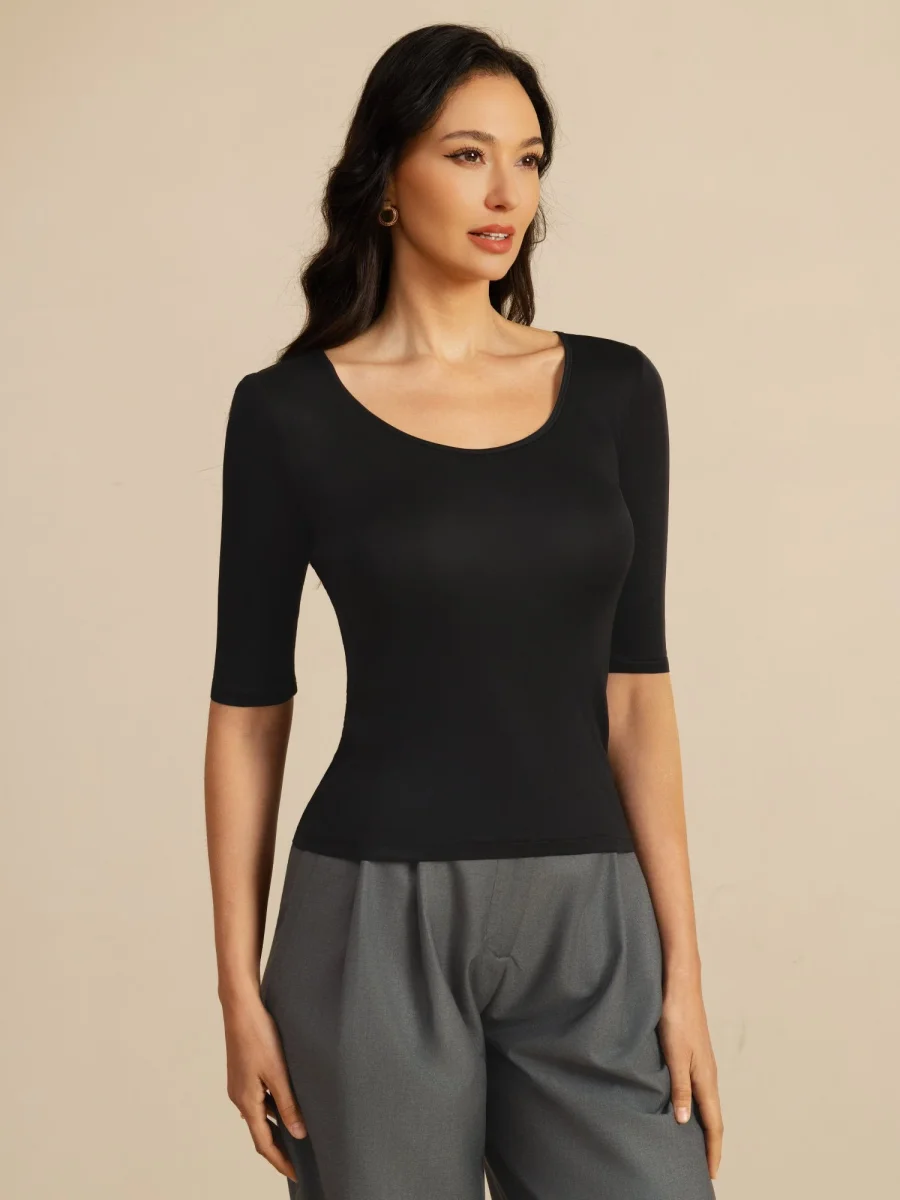 Top De Seda Para Mujer Manga Corta Cuello Redondo