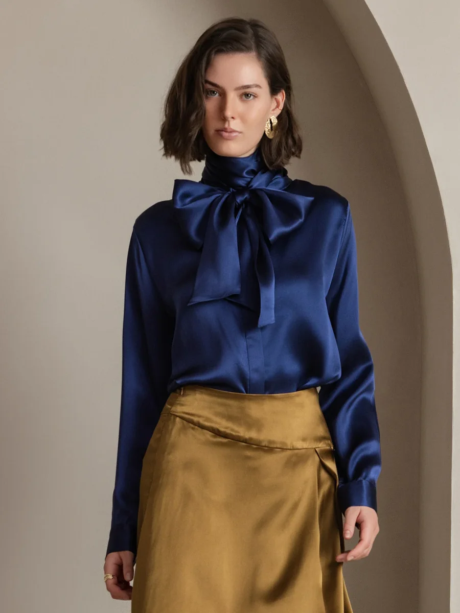 19 Momme Seda Cuello atado Camisa - Imagen 9