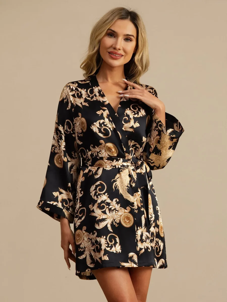Bata Kimono Mujer Manga 3/4 Seda Pura Estampado Dragón Con Cinturón - Imagen 5