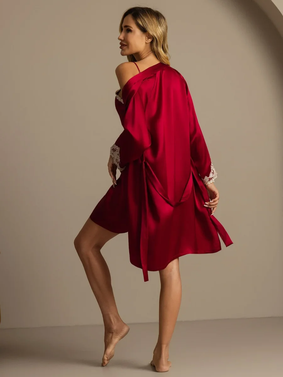 Elegante Conjunto De Camisón Y Bata De Pura Seda 2 Piezas - Imagen 9