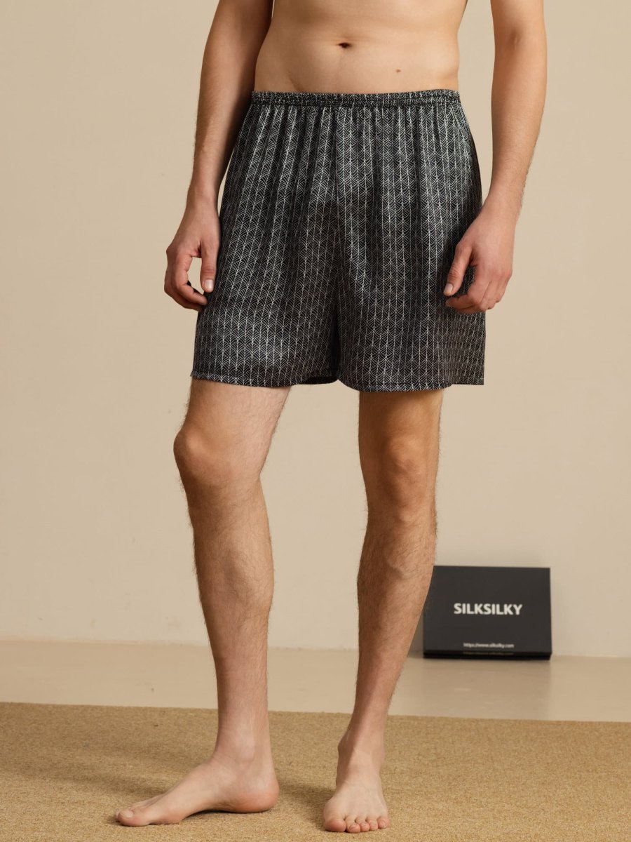 Pantalones Cortos De Dormir Para Hombre Pure Silk Ginkgo Azul Marino Estampado Cintura Elástica - Imagen 9