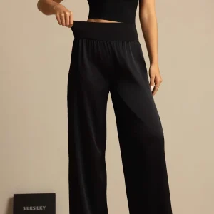 Pantalones de pierna ancha de talle alto para mujer en seda 19Momme con cinturilla elástica ancha