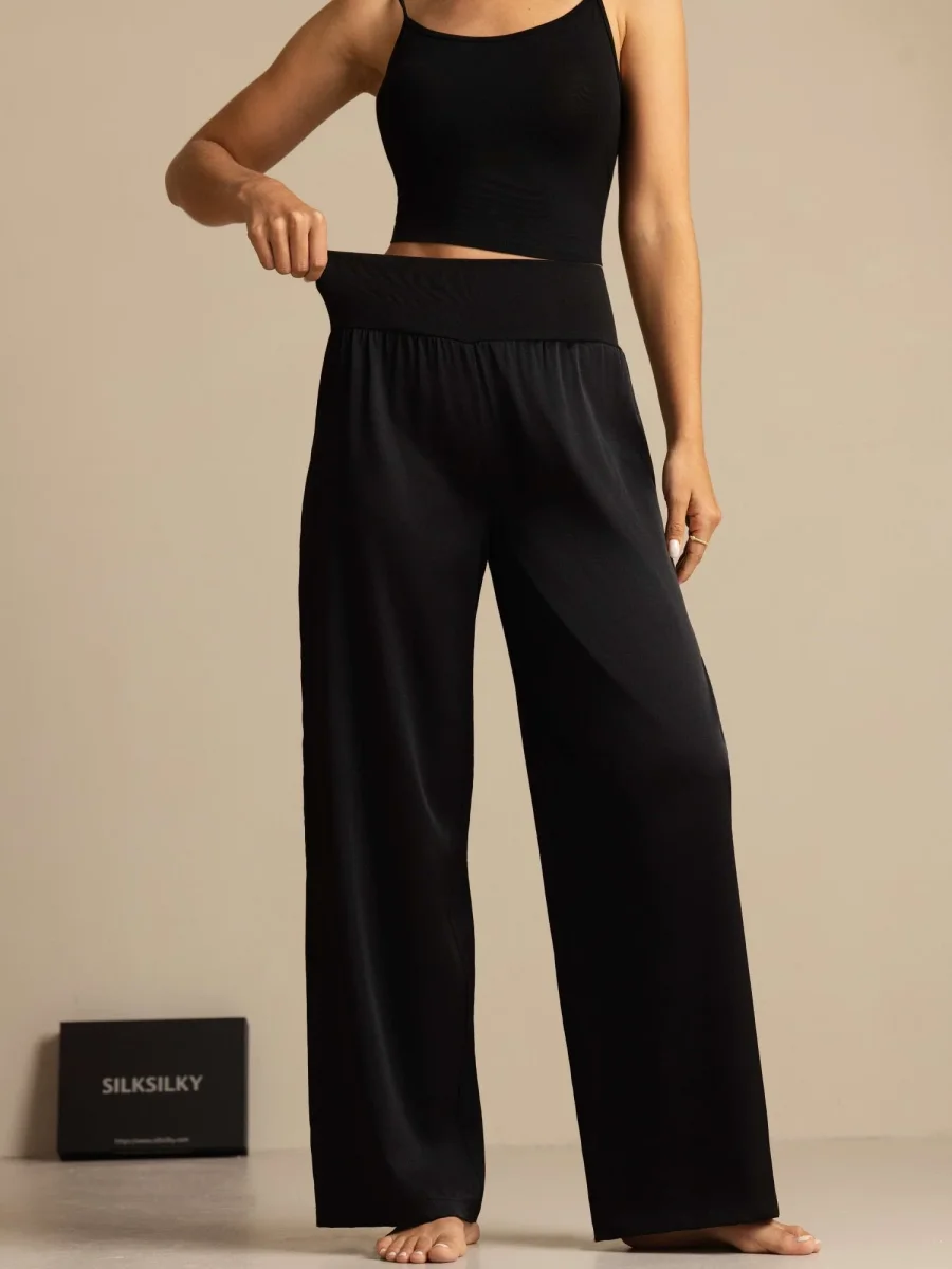 Pantalones de pierna ancha de talle alto para mujer en seda 19Momme con cinturilla elástica ancha