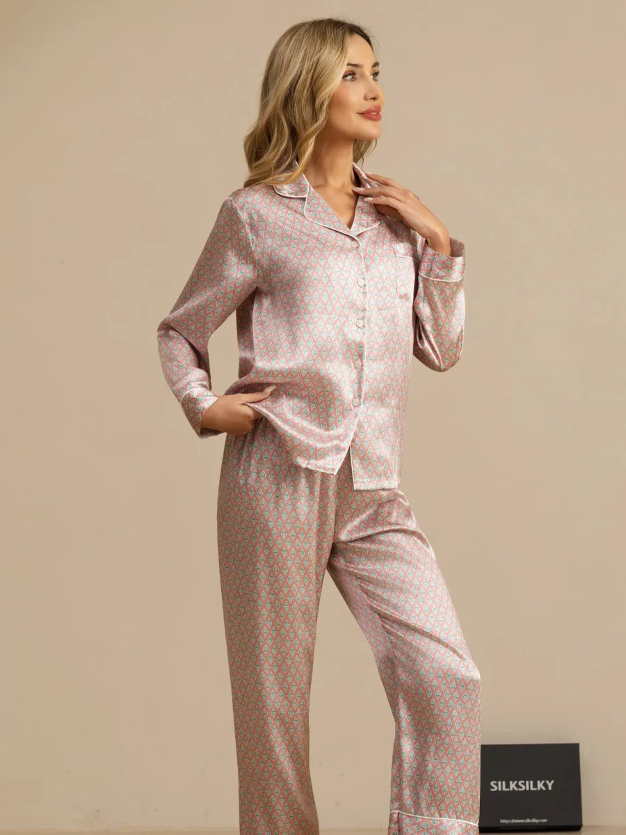 Conjunto De Pijama Para Mujer De Seda Pura Manga Larga Con Pantalón E Imprimé Geométrico - Imagen 9