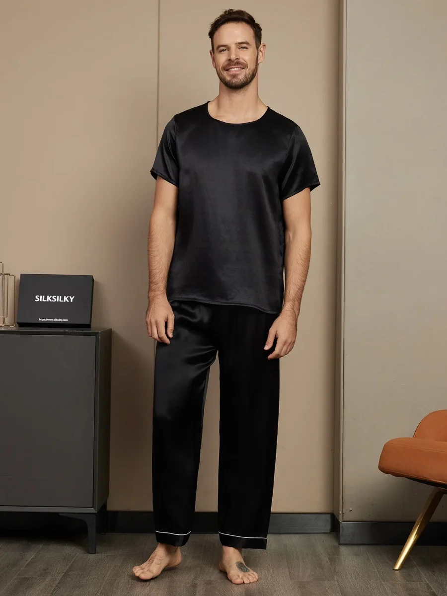 Pijama De Hombre De Pura Seda Con Mangas Cortas Cuello Redondo Y Pantalón - Imagen 7