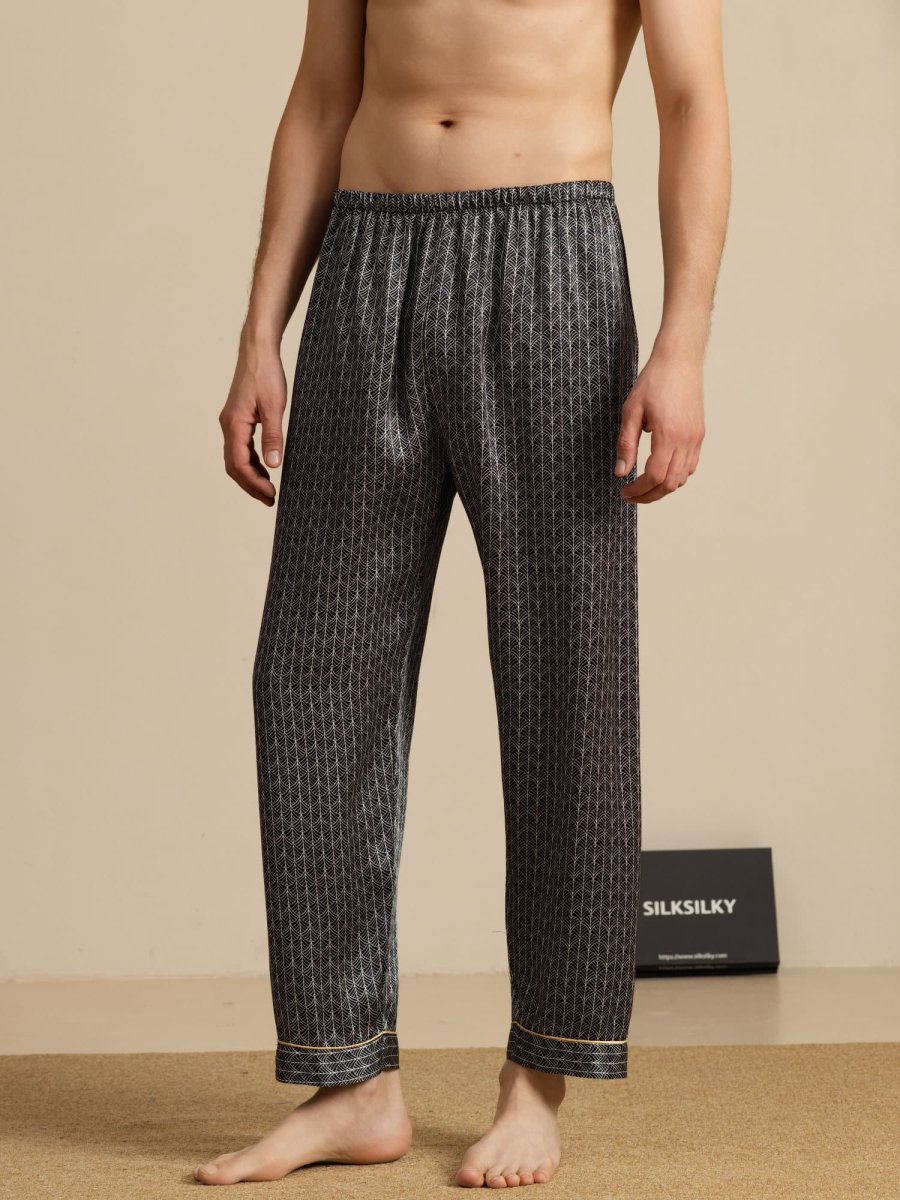Pantalones De Dormir De Seda Pura Ginkgo Azul Marino Para Hombre Con Cintura Elástica - Imagen 7