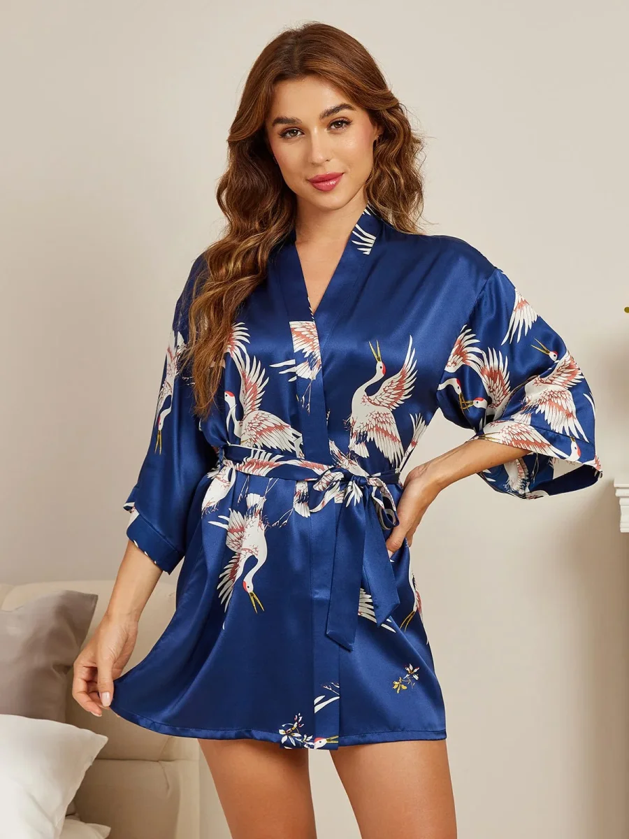 19Momme Bata Kimono Corta De Seda Pura Para Mujer Con Estampado De Grulla Manga 3/4 - Imagen 8