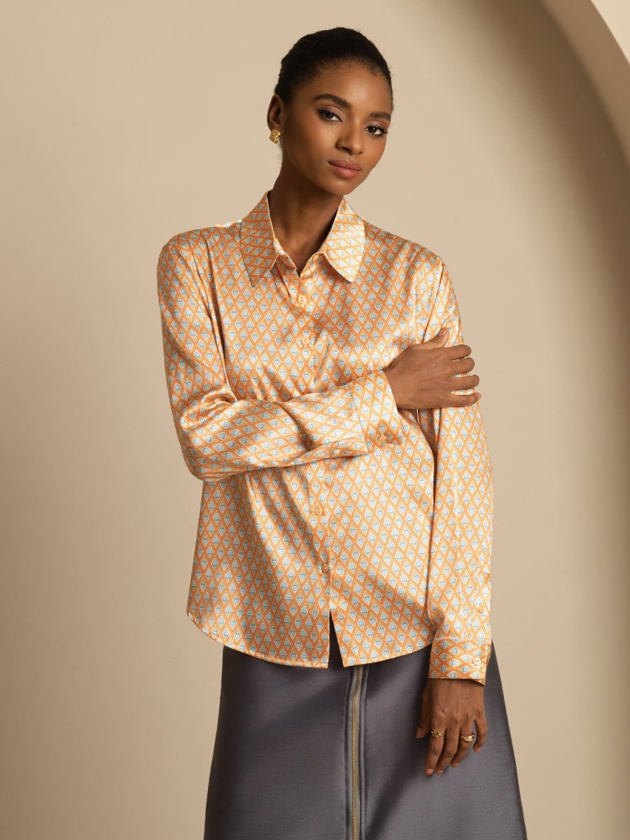 Camisa De Seda 19Momme Con Estampado Geométrico Manga Larga Y Cuello Solapa Para Mujer - Imagen 4