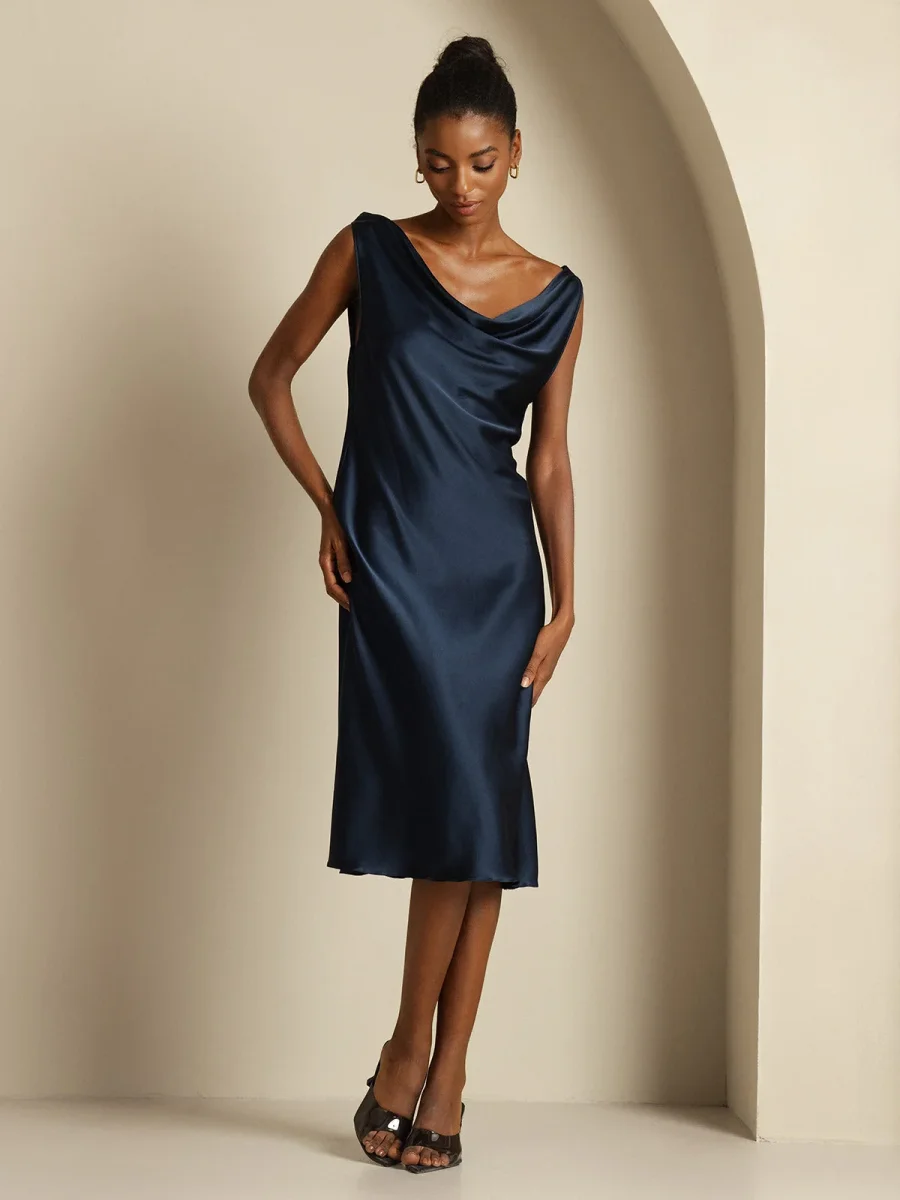 19Momme Vestido sin mangas de seda elegante con escote drapeado - Imagen 9