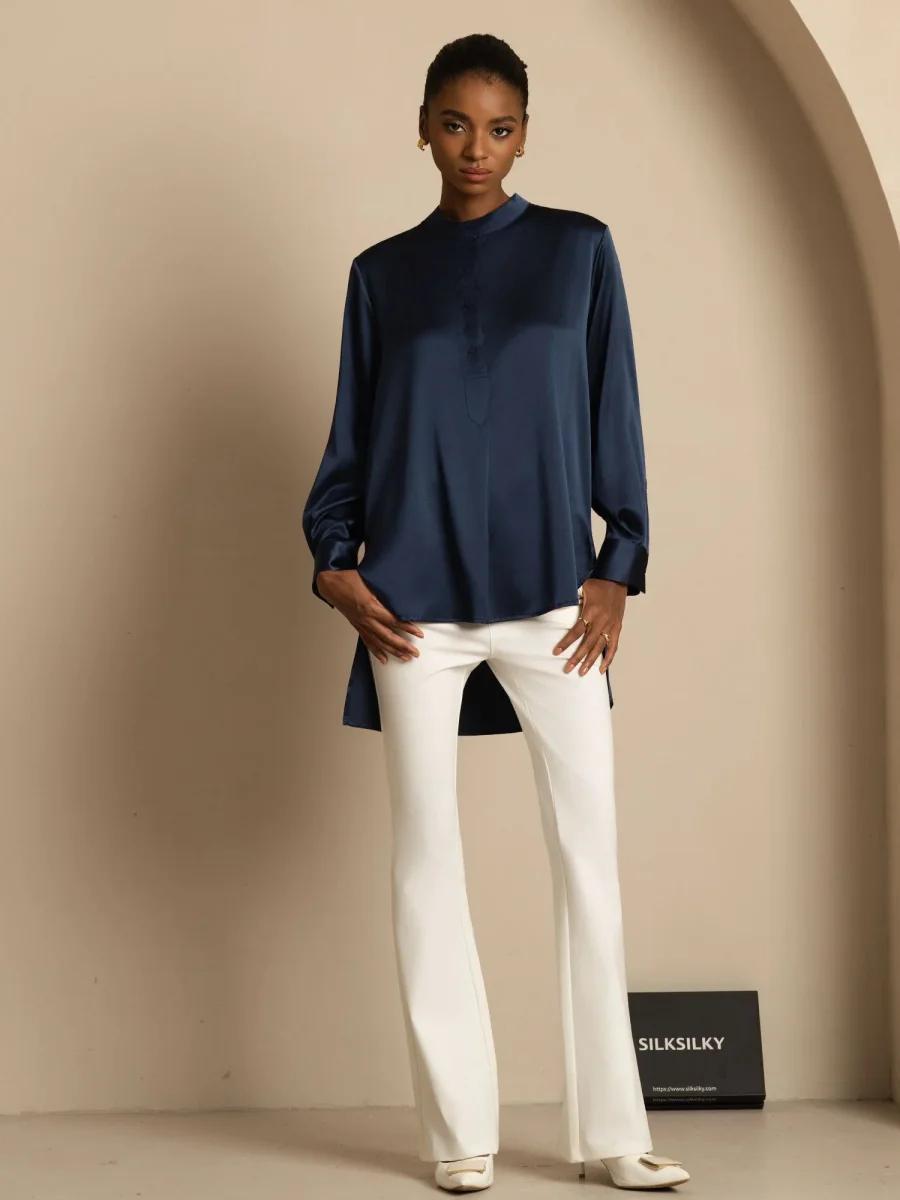 Blusa de mujer de seda 19Momme con Stand Collar High-Low y detalles de botones - Imagen 9