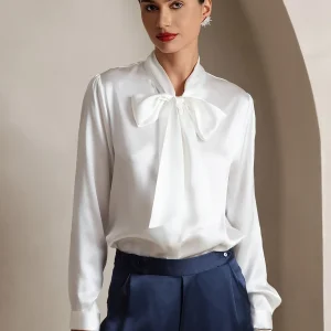 19 Momme Camisa Elegante de Seda con Cuello Lazo y Manga Larga