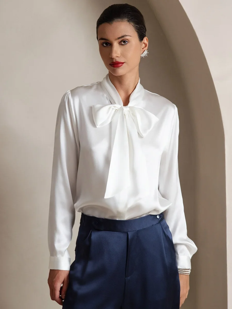 19 Momme Camisa Elegante de Seda con Cuello Lazo y Manga Larga