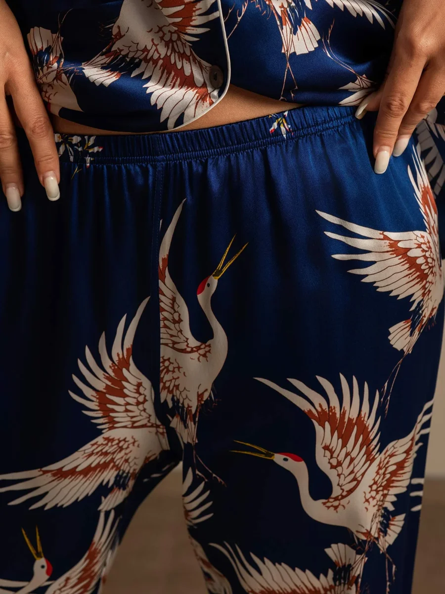 Pijama De Mujer De Seda Pura 19Momme Con Estampado De Grulla Y Manga Larga - Imagen 6