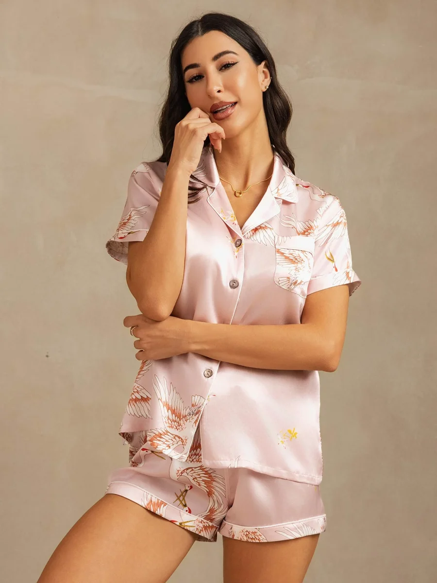 19Momme Conjunto De Pijama Para Mujer En Seda Pura Manga Corta Cuello Notch Estampado De Grulla - Imagen 4
