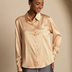 Camisa De Seda 19Momme Con Estampado Geométrico Manga Larga Y Cuello Solapa Para Mujer