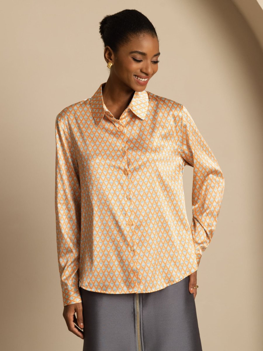 Camisa De Seda 19Momme Con Estampado Geométrico Manga Larga Y Cuello Solapa Para Mujer - Imagen 2