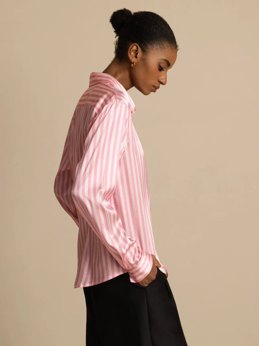 Camisa De Mujer De Seda 19 Momme Con Estampado De Rayas Y Cuello De Solapa - Imagen 3