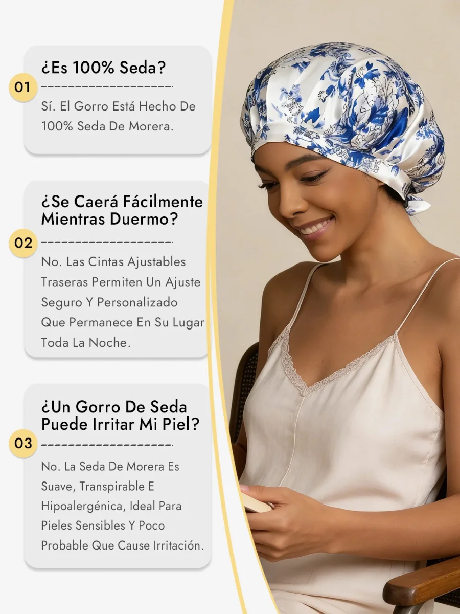 Gorro de Dormir de 100% Seda de Morera con Cintas - Imagen 6