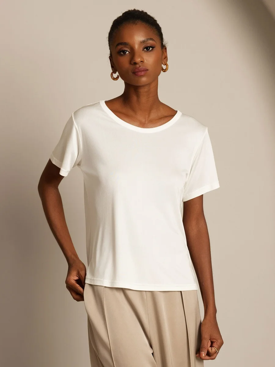 Camiseta de Cuello Redondo y Manga Corta de Pura Seda para Mujer - Imagen 4
