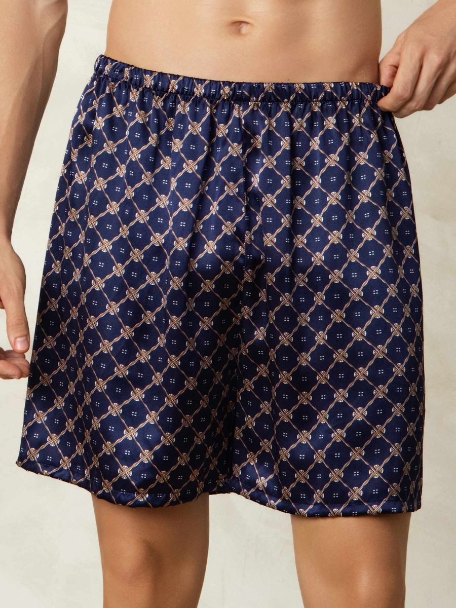 Pantalones Cortos De Dormir Para Hombre Pure Silk Cadena Azul Marino Estampado Cintura Elástica - Imagen 4
