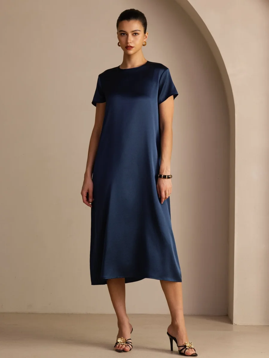 Vestido Midi de Seda de 19 Momme con Cuello Redondo Manga Corta y Bolsillos Laterales - Imagen 9