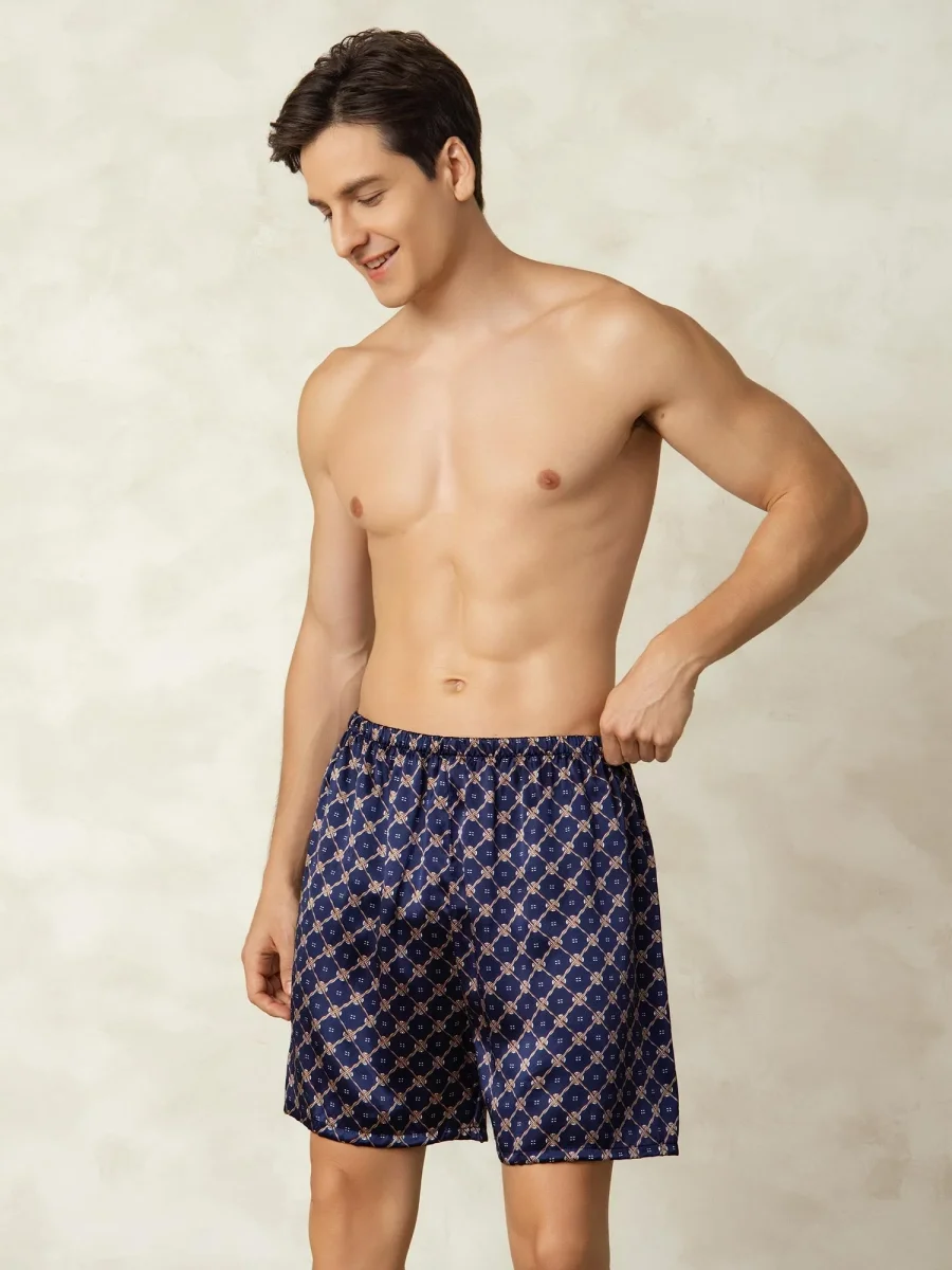Pantalones Cortos De Dormir Para Hombre Pure Silk Cadena Azul Marino Estampado Cintura Elástica - Imagen 6
