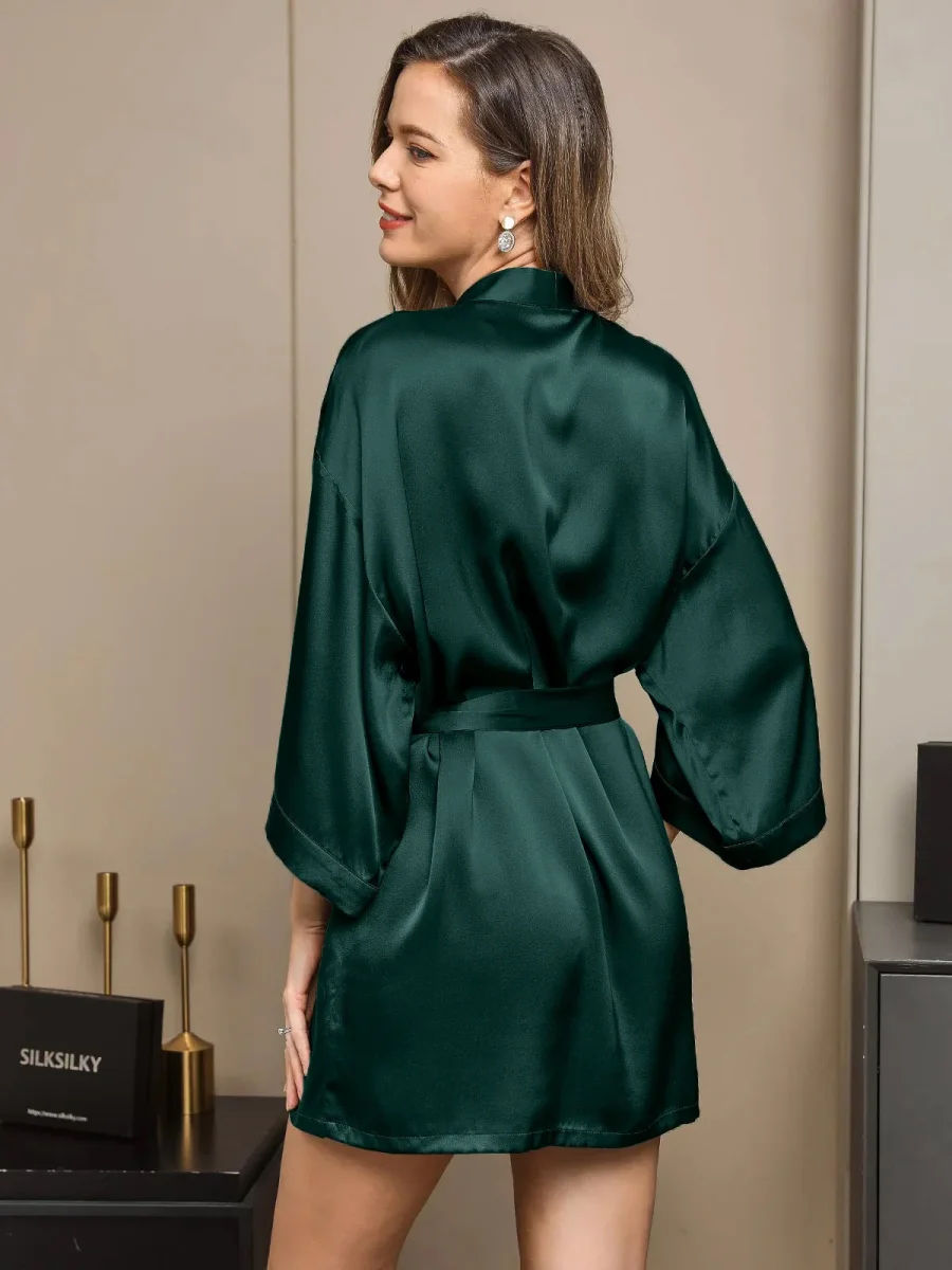 Bata Kimono Corta De Seda Pura Para Mujer Con Diseño Cruzado - Imagen 8