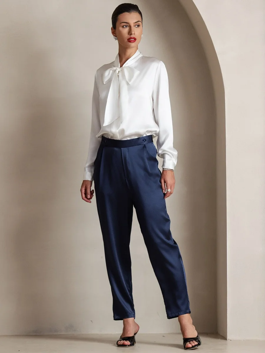 19 Momme Camisa Elegante de Seda con Cuello Lazo y Manga Larga - Imagen 9