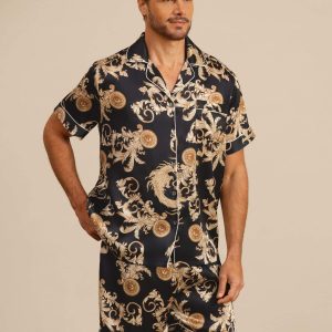 Pure Seda Hombre Estampado Dragón Manga Corta Cuello Notch Conjunto Pijama
