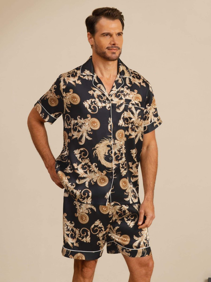 Pure Seda Hombre Estampado Dragón Manga Corta Cuello Notch Conjunto Pijama - Imagen 2