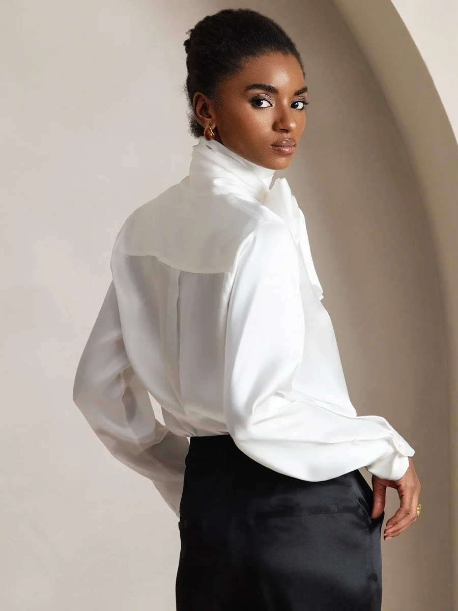 19 Momme Seda Cuello atado Camisa - Imagen 5